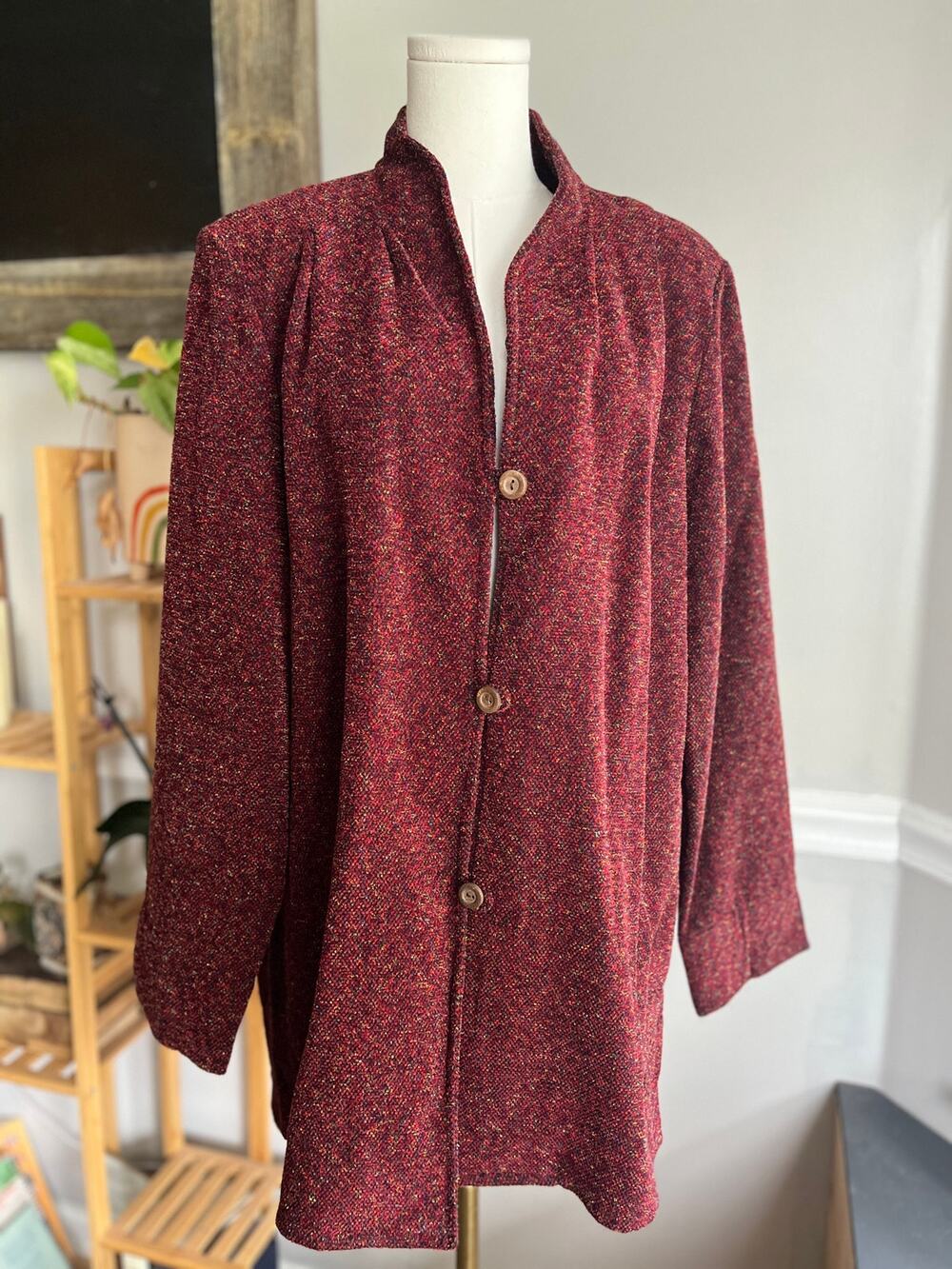 Vintage 90s Cardigan Sweater Red Corduroy Button Front Size XL